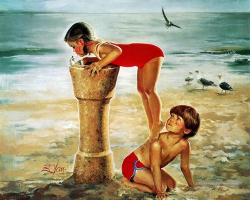 enfants jouant à la plage côté impressionnisme Peinture à l'huile